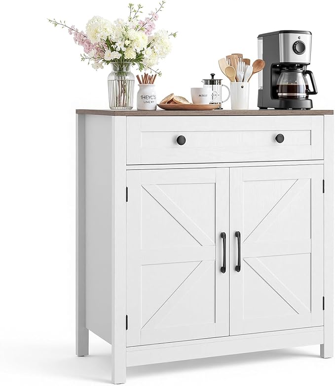 VEVOR Buffet Cabinet, Farmhouse Sideboard Cabinet with Drawer, Coffee Bar Cabinet with 2 Barn Door, Sideboard Buffet Station for Living Room, Entryway, Kitchen, 29.5 x 14.7 x 31.5 in, White