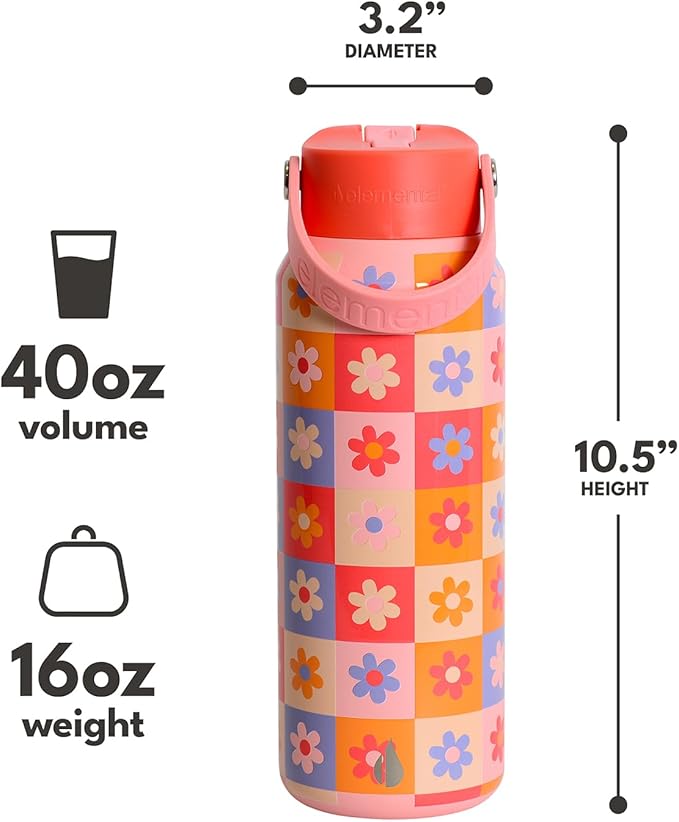 Elemental 40oz Insulated Water Bottle with Straw - 100% Leak-Proof Stainless Steel Core Water Bottles for Travel, Sports and Gym - Double Wall Insulation & BPA Free - Checkered Flower