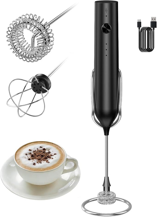 Rechargeable Milk Frother Handheld, Electric Whisk with 3 Speeds, Hand Drink Mixer with 2 Heads, Portable Coffee Frother Wand Handheld for Coffee, Lattes, Cappuccino, Eggs (Black)