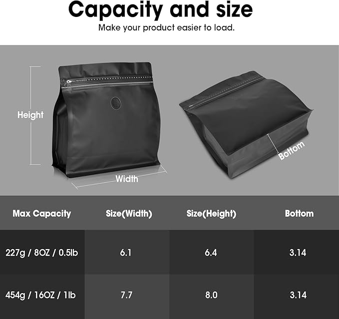 50 Count 8oz Coffee Bags with Valve,1/2 lb Vented Coffee Beans Packaging Bags High Barrier Aluminumed Foil Flat Bottom Heat Sealed Side Zipper Resealable Storage Bag for Home or Business（Black）