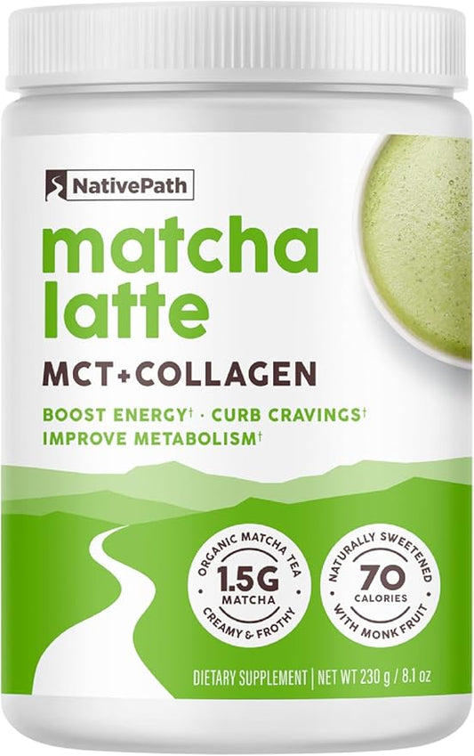 NativePath Matcha Latte Collagen Peptides with MCT Oil - 10g Grass-Fed Collagen & Organic Matcha for Energy & Focus - Keto, No Gluten or Dairy (8.1 oz)