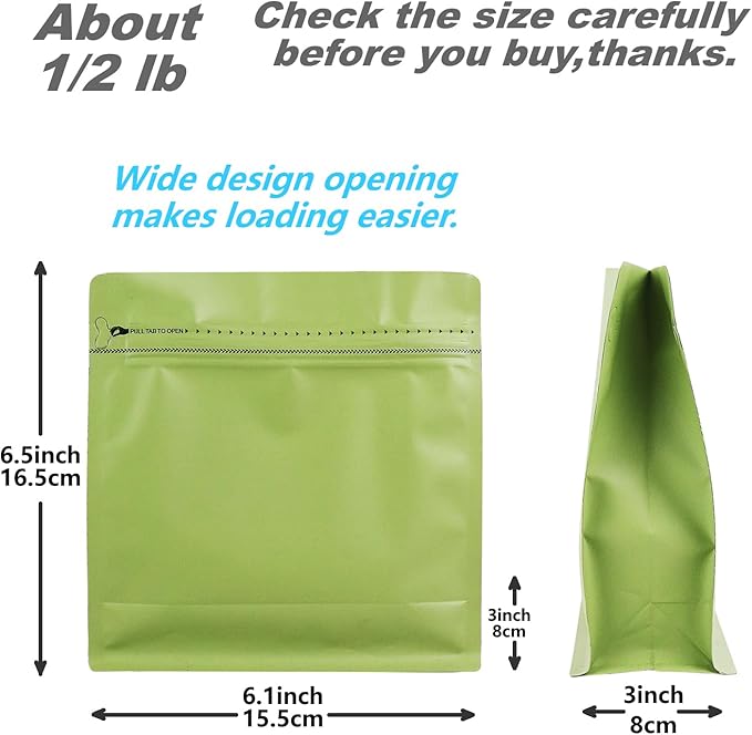 60 Pack High Barrier Stand-Up Coffee Bean Bags with Vented Valve Matte Metallic Heat-Sealable & Resealable Solid Color Pouches (Square,6.1 * 6.5 inch,1/2 lb,Avocado Green)