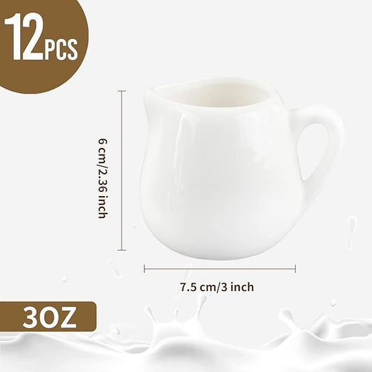 12PCS Mini Ceramic Creamer, 3 OZ Small Porcelain Creamer Pitcher, Small Syrup Pitcher, Coffee Creamer Pitcher, Creamer Dispenser, White Ceramic Pitcher for Coffee Tea Milk Sauce with Handle