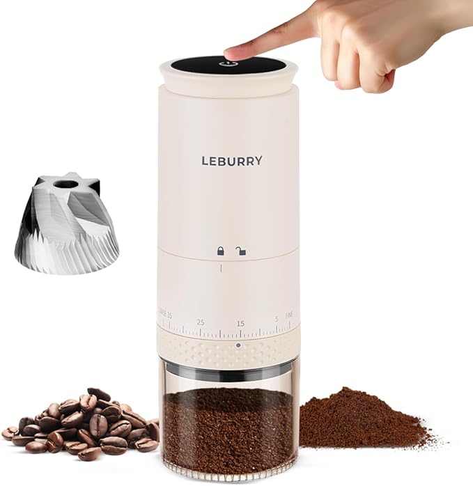 LEBURRY Burr Coffee Grinder - Portable Espresso Grinder with Stainless Steel Conical Mill for Travel, Camping - Cordless/Rechargeable Electric Coffee Bean Grinders with 38 Adjustable Grind Settings