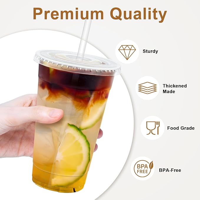 Clawsoff 24 oz 100 Pack Plastic Cups with Lids and Straws, Sturdy Food Safe Iced Clear Coffee Cups Disposable Smoothie Cups for Cold Drinks