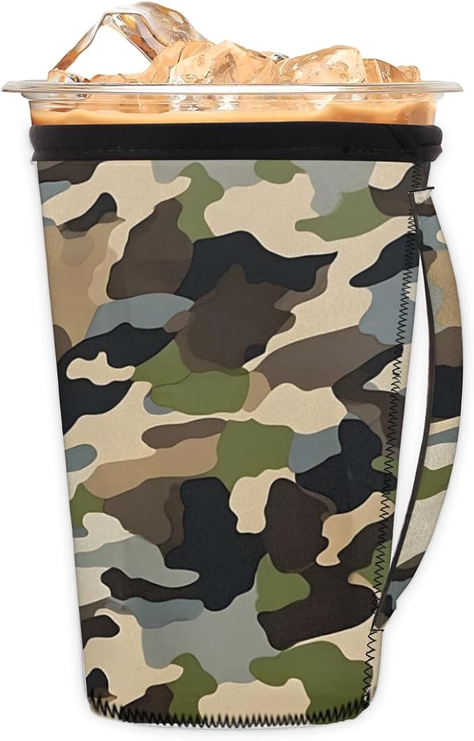 Army Camo Skin Reusable Insulator Coffee Sleeves for Drinks Beverages,Camouflage Neoprene Holder with Handle for Most Coffee or Ice Drink, 30-32oz