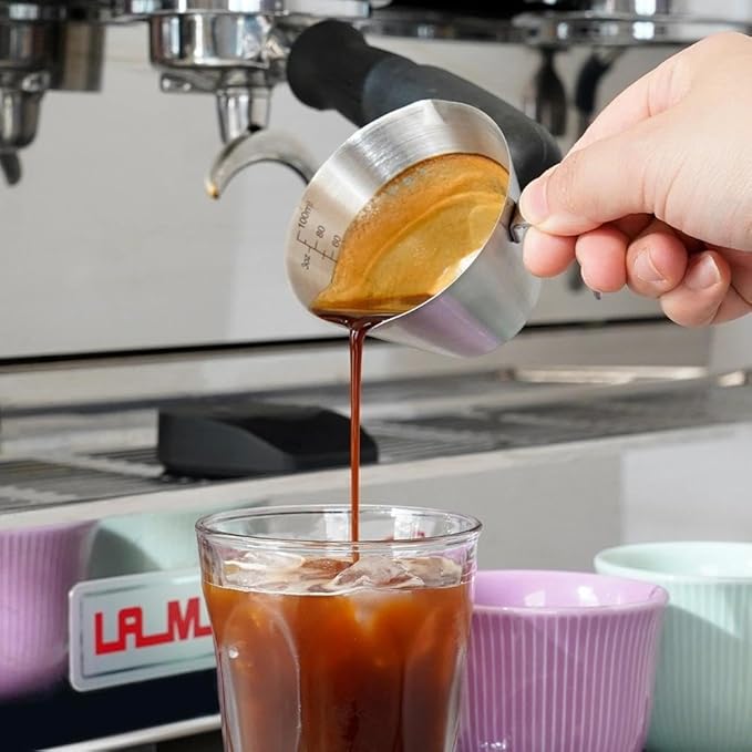 watchget Stainless Steel Espresso Cups, Double Spout & Dual Scale Measuring Cup with Handle, 3.4OZ/100ml Capacity Espresso Accessories for Coffee Brewing (Silver)