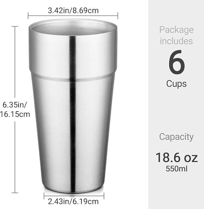 Beasea Stainless Steel Cups 19 oz, 6 Pack Large 18.6oz 550ml Stackable Stainless Steel Tumbler Double Wall Insulated Individual Metal Pint Glasses Tin Drinking Cups for Home Party Camping