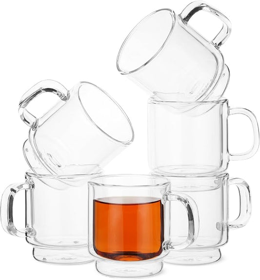 BTaT- Double Walled Stackable Espresso Cups, 2 oz, Set of 6, Clear Demitasse Coffee Mugs, Double Wall Insulated Espresso Cups, Coffee Mugs for Tea, Lattes
