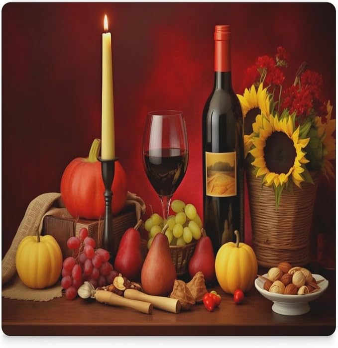 Square-6PCS Red Wine Ceramic Coasters, Square Absorbent Drink Coasters, Vintage Style Floral Red Wine Grapes Sunflower Ceramic Table Coasters for Coffee, Beverage, Wine, Beer Coasters
