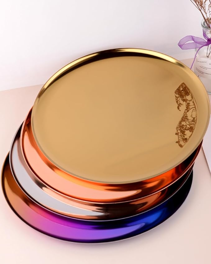 Serving Trays 11in Stainless Steel Decorative Tray Round Gold Tray for Kitchen Wedding Party Coffee Table