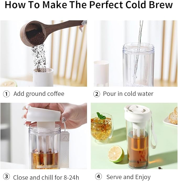 watchget Cold Brew Coffee Maker Travel Tumbler with Soft Silicone Handle Portable Iced Coffee & Tea Infuser with Airtight Lid Cold Brew Travel Cup 17oz/500ml black