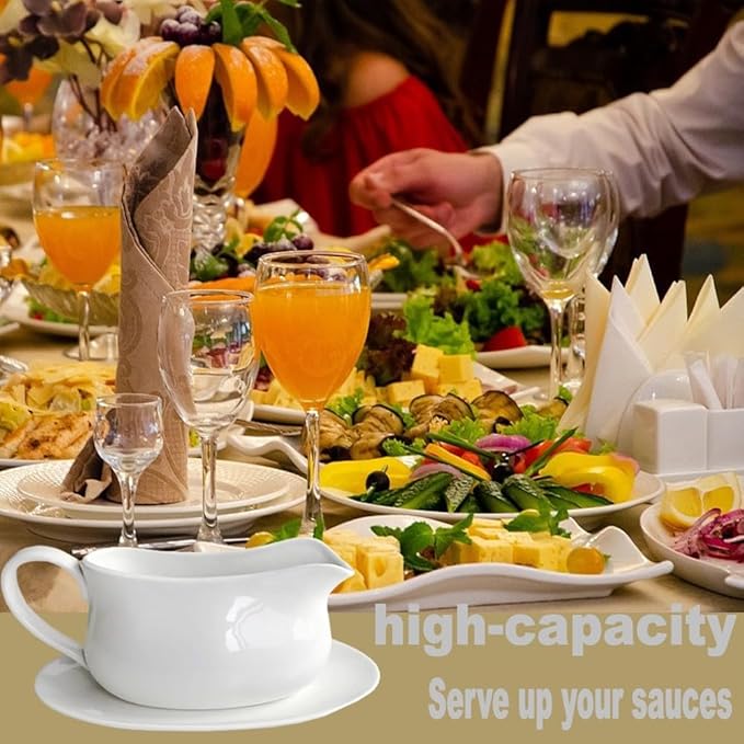 Large 17 Oz Gravy Boat and Tray White Fine Porcelain Saucier With Big Dripless Lip Spout For Gravy, Warming Sauces, Salad Dressings, Milk | Microwave & Freeze