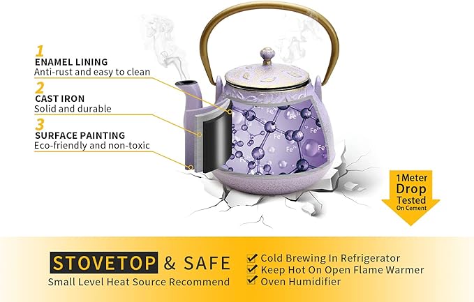 TOPTIER Japanese Cast Iron Tea Kettle with Stainless Steel Infuser, Cast Iron Teapot Stovetop Safe, Leaf Design Teapot Coated with Enameled Interior, 32 Ounce (950 ml), Lilac Purple