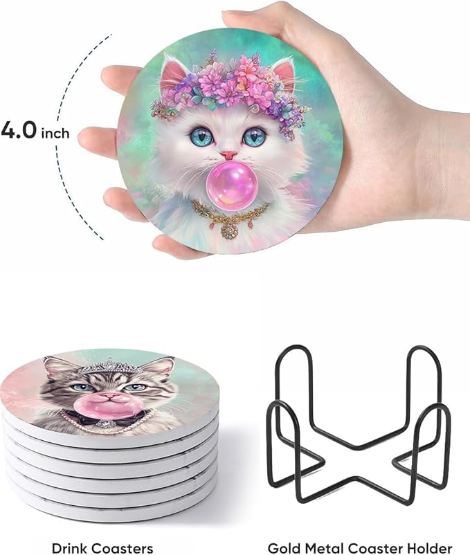 Puraikcmi Cat Lover Coasters Set of 6 with Holder, Ceramic, Multicolor, Funny Cat Designs, Drink Coasters for Table, Office, Desk, Bar, Gift