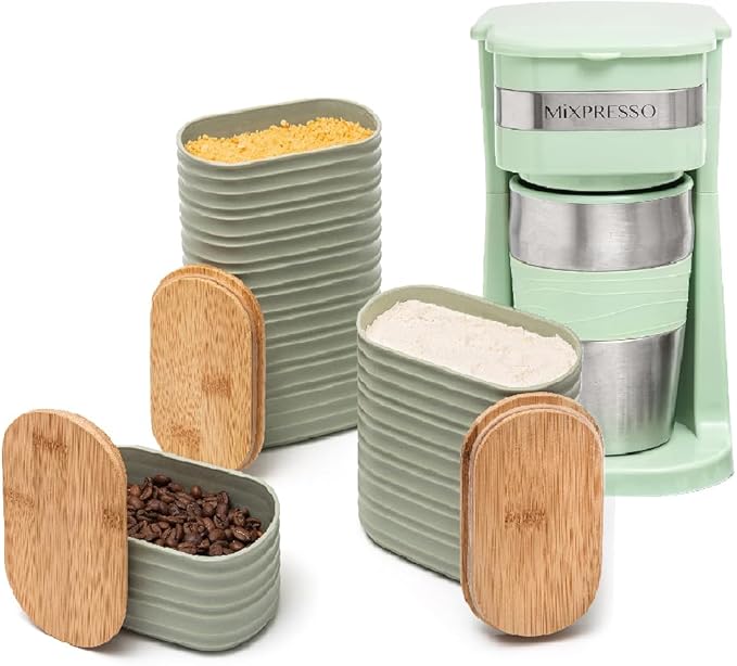 Mixpresso Single Cup Coffee Maker & 14oz Travel Mug, Lightweight Personal Drip Coffee Brewer & Tumbler, Compatible with Coffee Grounds Bubdle With 3 Piece Set Of Airtight Coffee And Sugar Plastic Cani