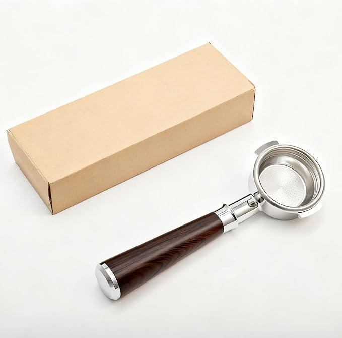 58mm Bottomless Nakeds Portafilter with Premium Ebony Wood Handle - Stainless Steel, Includes 18g Precision Basket for E61 Group-Head Espresso Machines