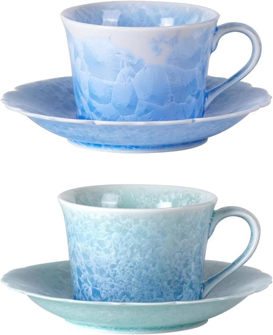 KAMMAK Tea Cups and Saucers Set of 2, Porcelain Coffee Cups, 5oz Crystalline Glaze Espresso Mugs, Ceramic Demitasse for Coffee, Cappuccino, Latte, Americano, Tea (Ice crystal blue + greenish blue)