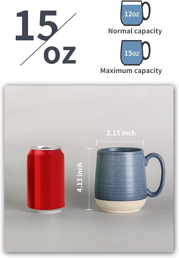 HASENSE Ceramic Large Coffee Mugs Set of 4-15 Ounce Porcelain Coffee Cups Set with Handle Perfect for Tea, Cocoa, Latte, Milk and Cappuccino, Modern Tea Cups Set for Man and Woman, Dark Blue
