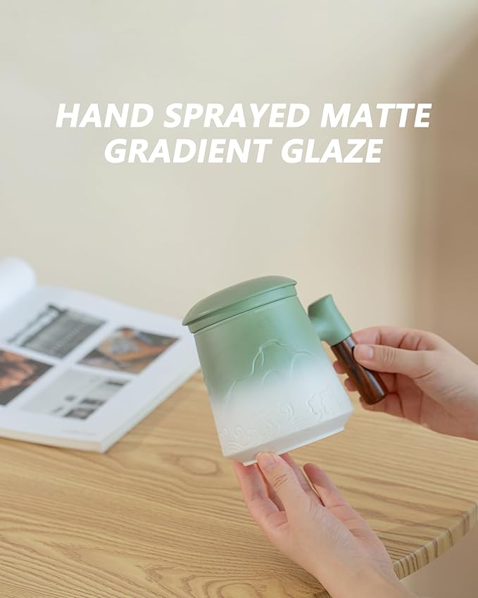 ZENS Tea Cup with Infuser and Lid for Loose Leaf Tea Steeper, 15.2 oz Ceramic Tea Mug with Fine Strainers and Absorb Coaster and Wood for Tea Lovers Gifts