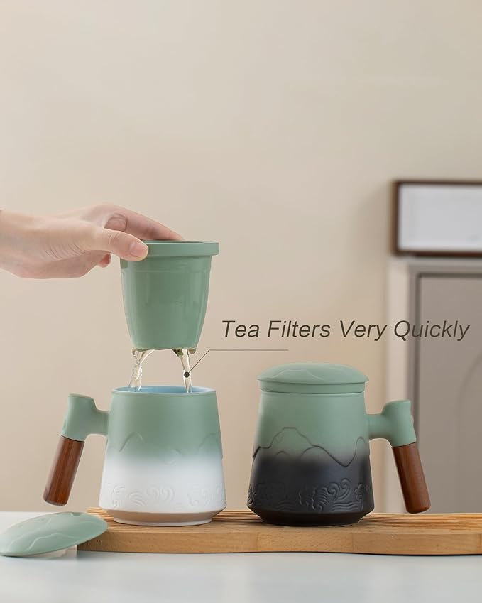 ZENS Tea Mug with Infuser and Lid for Loose Leaf Tea Steeper, 15.2oz Ceramic Tea Cup with Fine Tea Strainers and Absorb Coaster, Wood Handle Large Diffusers Mugs Tea Lovers Gifts