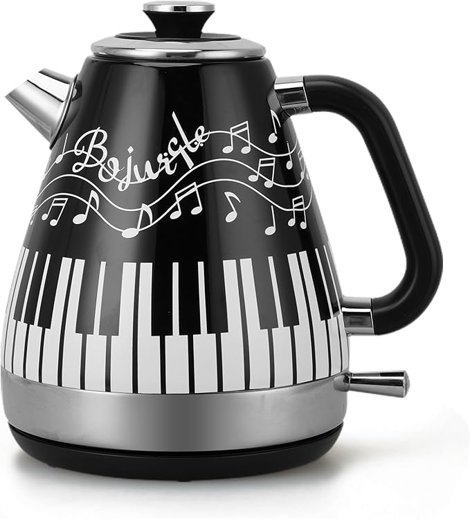 Electric Kettle with Piano & Musical Notes Design, 1.7L Stainless Steel Interior, 1200W Fast Water Boiler for Tea & Coffee, Cordless with Auto Shut-Off, Unique Musician Gift & Kitchen Decor