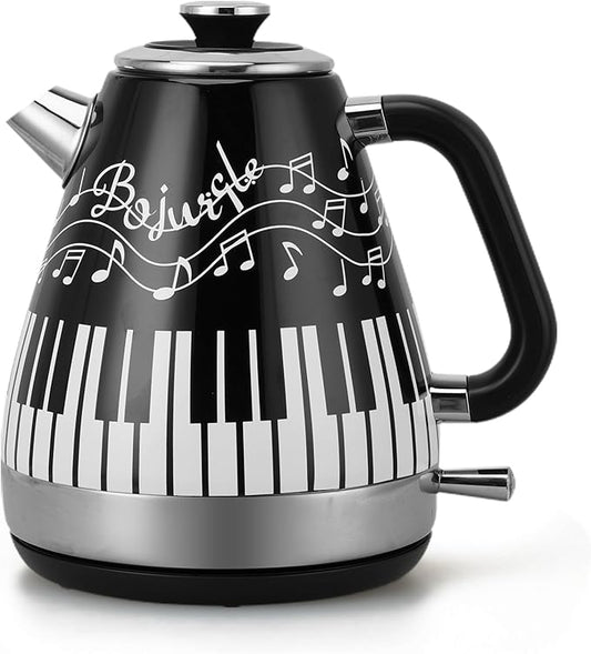 Electric Kettle with Piano & Musical Notes Design, 1.7L Stainless Steel Interior, 1200W Fast Water Boiler for Tea & Coffee, Cordless with Auto Shut-Off, Unique Musician Gift & Kitchen Decor