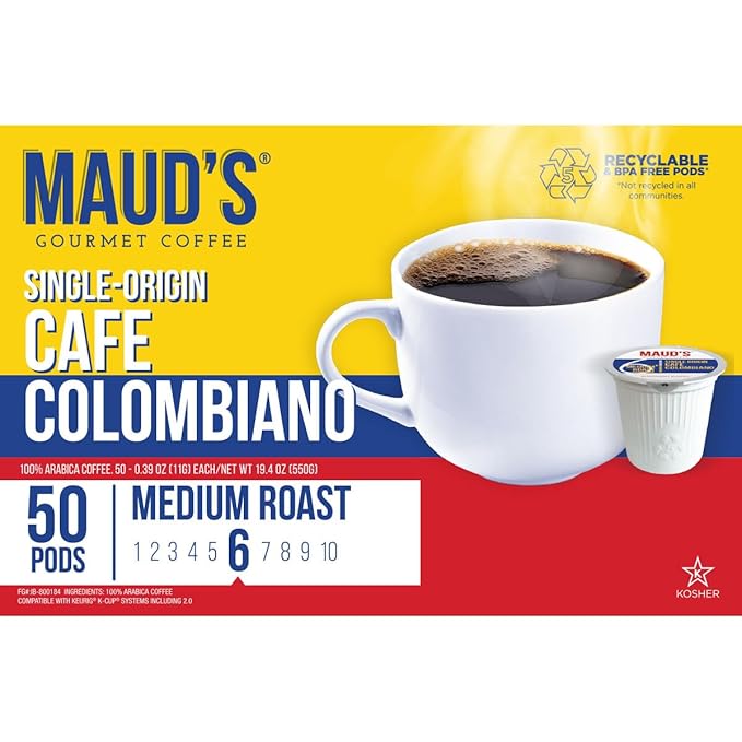 Maud's Colombian Coffee Pods, 50 ct, Single Origin, Medium Roast Coffee in Recyclable Single Serve Pods – 100% Arabica Coffee, Compatible with Keurig K Cups Maker