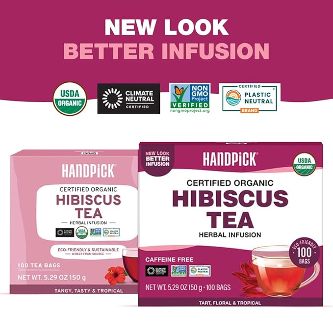 HANDPICK, Organic Hibiscus Tea Bags (100 Tea Bags) | Caffeine-Free, 100% Natural Pure Indian Hibiscus Flowers