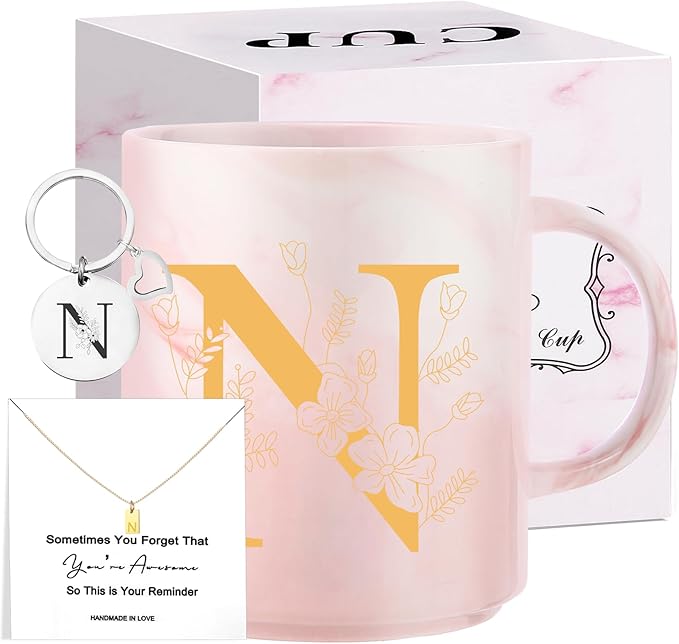 Monogrammed Christmas Gifts for Women, 11 oz Initial Ceramic Coffee Tea Mug with Necklace, Unique Birthday Gift for Her Wife Teacher Friend Mom, N