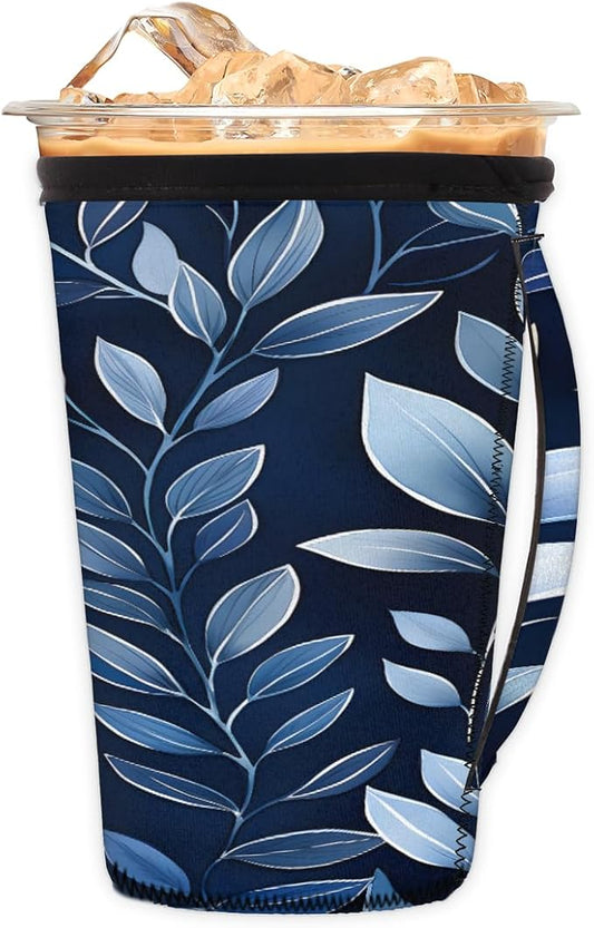 Reusable Iced Coffee Cup Sleeve Leaf Plants Neoprene Insulated Sleeves Cup Holder with handle Idea for 30oz - 32oz