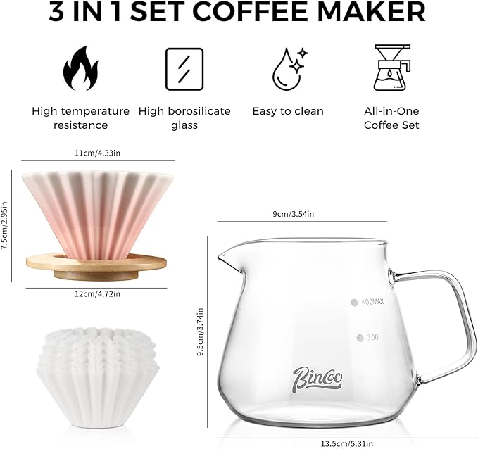 Bincoo 500ML Pour Over Coffee Maker Set with Filter Paper,Ceramic Coffee Dripper with Wood Stand Set for 1-2 Cups-Professional Brewing Tools for Pour Over & Drip for Home Office (Pink)