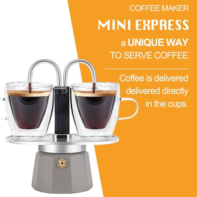 MVPLUE-Mini Express Double Tube Moka Pot Aluminum Gray,Share fresh delicious coffee with a friend