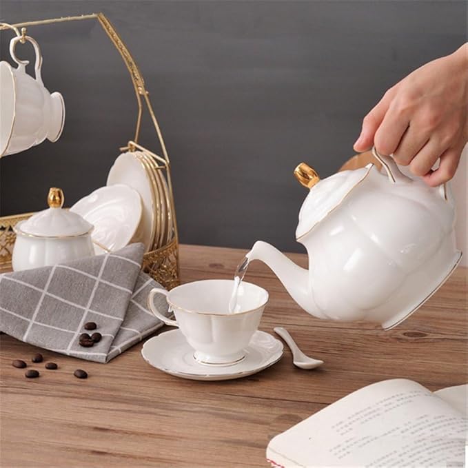 fanquare 15 Pieces Simple White English Ceramic Tea Sets,Tea Pot,Bone China Cups Without Metal Holder,Matching Spoons,Afternoon Tea Set Service Coffee Set