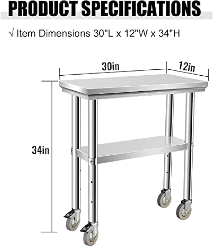 Stainless Steel Table - Metal Table Cart - Commercial Workbench with Caster Wheel - NSF Certified - for Restaurant, Warehouse, Home, Kitchen, Garage,30''x12''