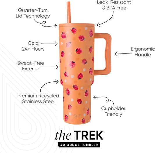 Simple Modern 40 oz Trek Tumbler with Handle and Straw Lid | Cup Holder Friendly Insulated Stainless Steel Travel Mug | Strawberry Fields