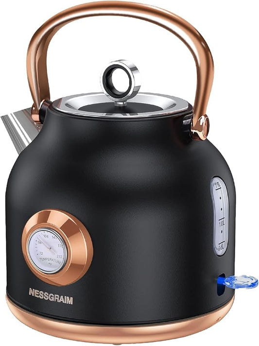 Retro Electric Kettle, 1.7L Stainless Steel Tea Kettle with Large Temperature Gauge, 1500W Fast Heating Hot Water Boiler with LED Indicator, Auto Shut-off & Boil-Dry Protection-Reteo Black