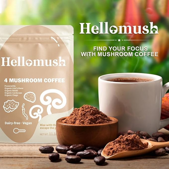 Hellomush Organic Instant Mushroom Coffee with Lions Mane, Reishi, Chaga and Cordyceps Coffee, Adaptogen Drink for Greater Energy, More Focus, Better Digestion, and Gut Support 90 Servings 11.11 oz