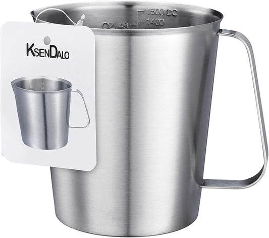 KSENDALO 48oz/6Cup SUS304 Stainless Steel Measuring Cup - Precision Engraved Markings for Liquid, Coffee, Milk & Espresso - 1.5Liter Kitchen Mixing Pitcher, Canister & Container for Baking & Frothing