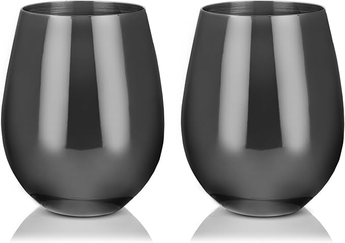 Viski Gunmetal Stainless Steel Wine Glasses, Modern Wine Tumblers, Elegant Drinking Glasses for Red and White Wines, Wedding Gifts, Holiday, Birthday Party, Home Bar, Drinkware Set of 2, 18 oz, Black