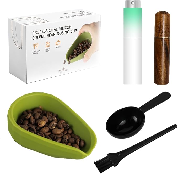 5 Pack Professional Silicone Coffee Bean Dosing Cup, Spray Bottle, WDT Espresso Coffee Stirrer Tool, Bean Spoon, Cleaning Brush，Coffee Bar Accessories for Static Reduction (Green)