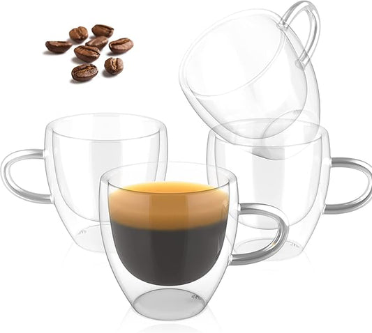ONEDONE Espresso Cups Set of 4-2.8 OZ Double Walled Glass Hand Blown Espresso Shots Glass Thermo Insulated Expresso Coffee Mugs with Handle Small Demitasse Cups for Espresso Machine