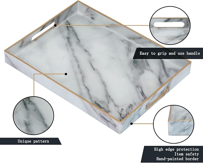 Set of 2 Serving Tray,Plastic Marble Coffee Table Tray 18.9"x13.7"x1.6"/15.7"x11.8"x1.6" Food Trays for Eating on Lap Coffee Tray with Handles Rectangular Decorative Trays,Tea Trays for Serving
