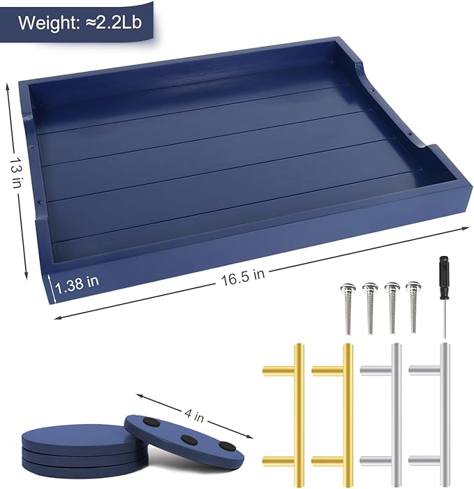 Coffee Table Tray - Large Ottoman Tray for Living Room - Wood Serving Tray with 2 Sets of Handles - Wooden Trays for Coffee Tables, 4 Round Coasters Included, Deep Blue
