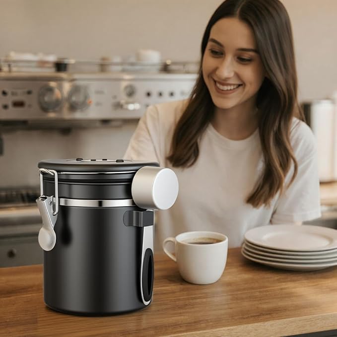 ShanSon Coffee Canister Airtight Coffee Container Stainless Steel Coffee Bean Storage Container with Scoop Coffee Canister for Beans Grounds Sugar Flour Tea Cereal,22OZ, Black