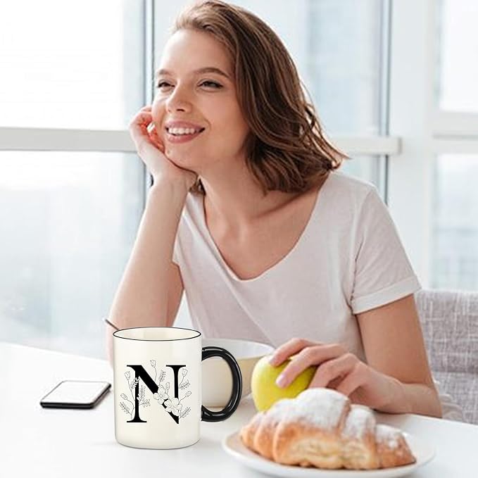 Monogram Ceramic Coffee Mugs, 11 oz Initial Drinking Cup with Gift Box, Unique Birthday Christmas Gifts for Women Wife Mothers Day Grandma Mom Aunt, N