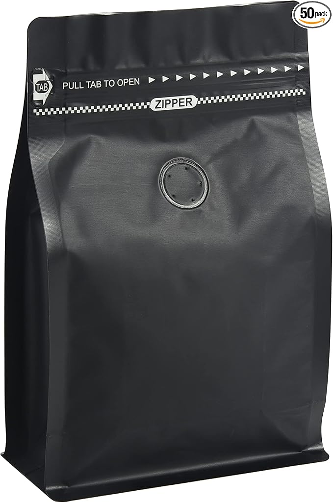 Black Coffee Bags with Valve (Pack of 50, 8oz/0.5lb Size) - High Barrier Aluminum Foil - Flat Bottom Coffee Pouches with Rsealable Zipper & Easy Open Tape