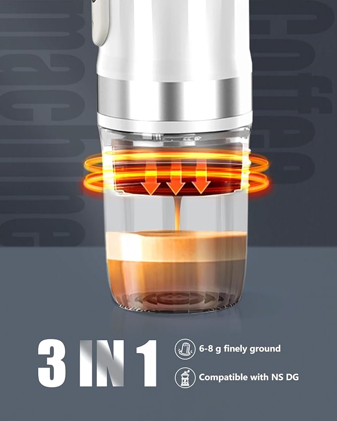 Portable Espresso Machine 3Minute Auto Heat12V Rechargeable Electri Coffee Maker 20 BaCompatible with NS DG Capsules and GroundCoffee for Camping, Travelling RVing HikingandOffice (White)