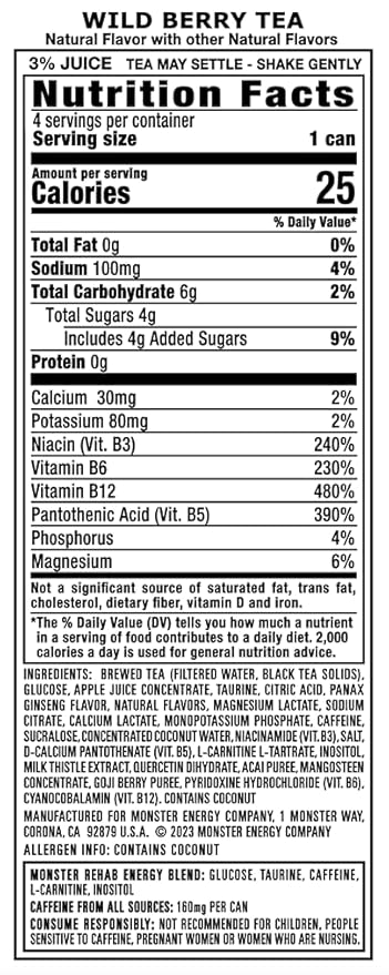 Monster Rehab Wild Berry Tea + Energy, Energy Drink, 15.5 Ounce | Energy Iced Tea, Pack of 15