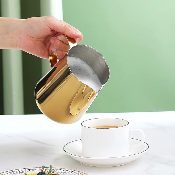 Milk Frothing Pitcher 21oz - 620ml, Kyraton Stainless Steel Espresso Steaming Pitchers with Decorating Pen,Milk Coffee Frother Cups Cappuccino Latte Art Barista Steam Pitchers Milk Jug Cup (Gold)